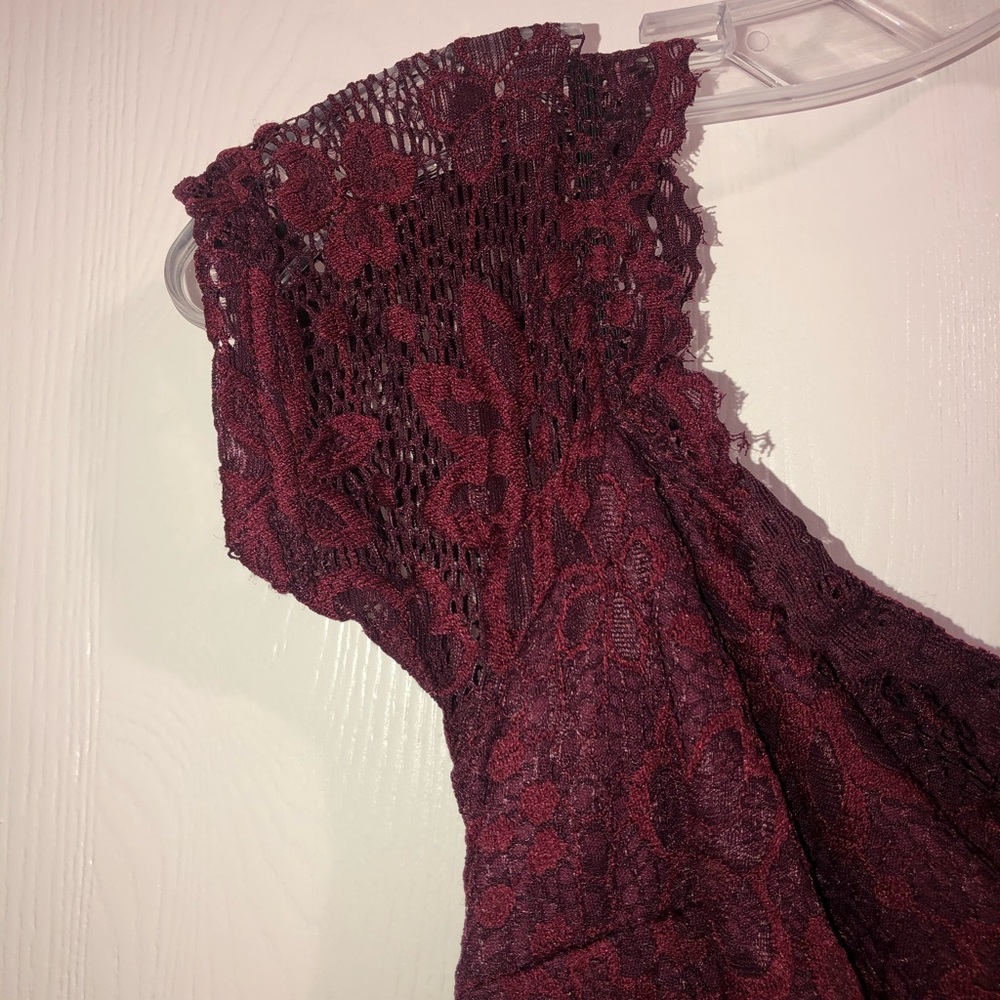 off the shoulder lace maroon long prom dress